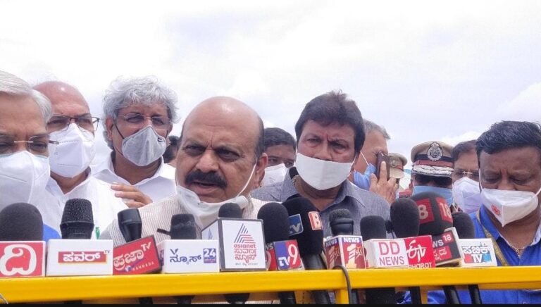 CM Bommai speaking to media at Hubli Airport