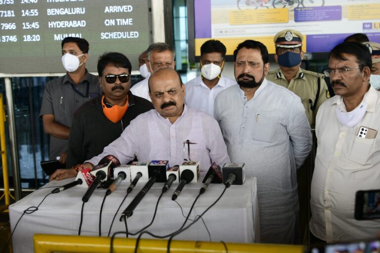 CM Bommai at Belgaum Airport on Two-Dose Vaccine and RTPCR Certificate Mandatory to enter Karnataka Border Chief Minister