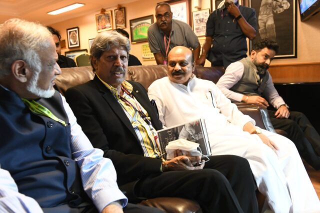 Karnataka Chief Minister Basavaraj Bommai watches India-Lanka Test with Kapil Dev