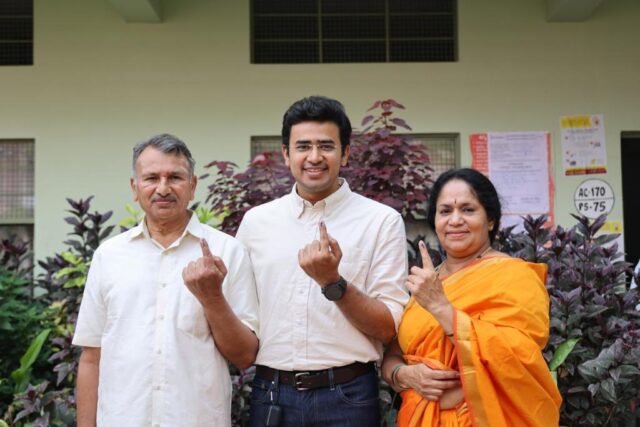 Karnataka Assembly Election 2023 voting Tejasvi Surya with family