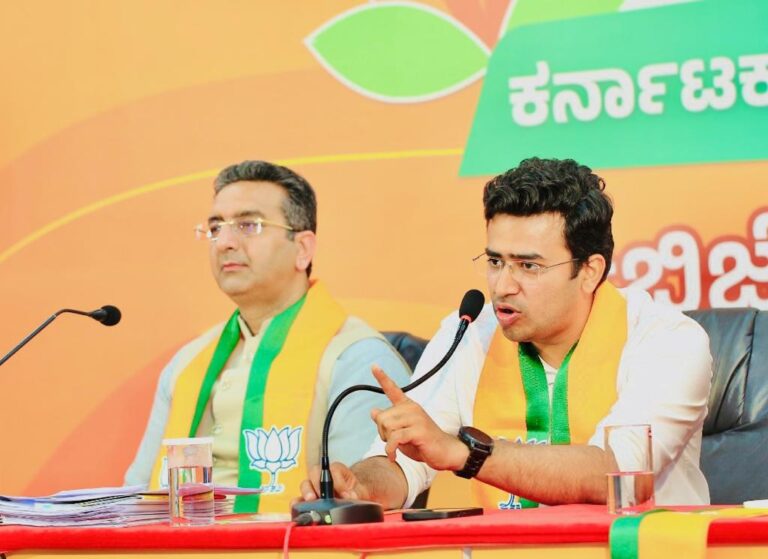 ಸುಳ್ಳು, ವಿಪರ್ಯಾಸಗಳಿಂದ ತುಂಬಿದ ಕಾಂಗ್ರೆಸ್ ಪ್ರಣಾಳಿಕೆ: ತೇಜಸ್ವಿ ಸೂರ್ಯ 5 Congress manifesto full of lies, ironies: Tejaswi Surya