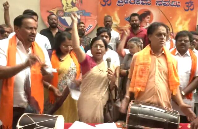 Vishva Hindu Parishad and Bajrang Dal activists chanting Hanuman Chalisa against Congress party manifesto in Bengaluru