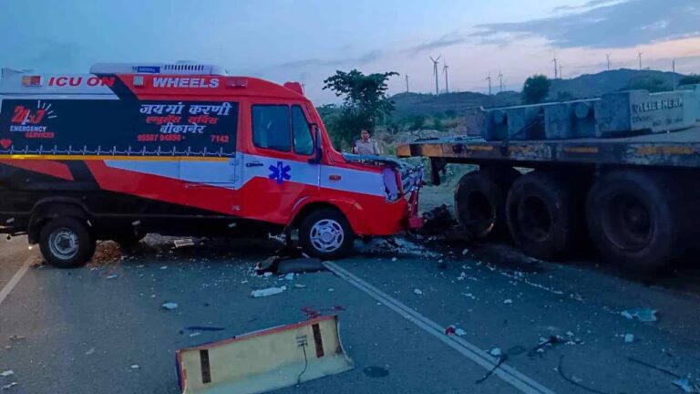 ambulance carrying dead body collided with parked lorry killing three people near Chitradurga
