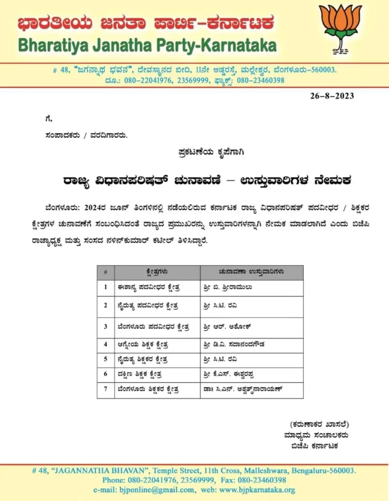 Karnataka Legislative Council Election 2024: BJP appoints election in-charges