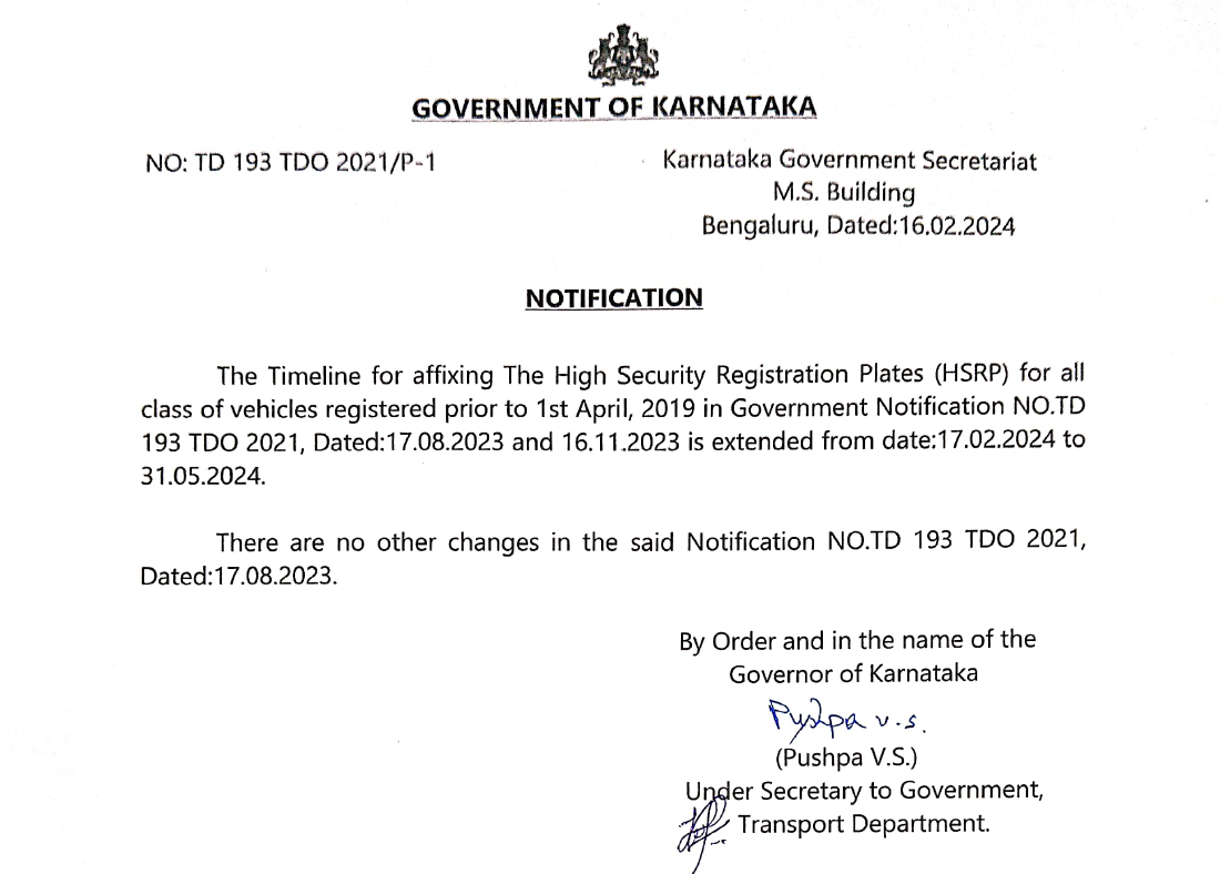 Karnataka: HSRP implementation Extended till May 31