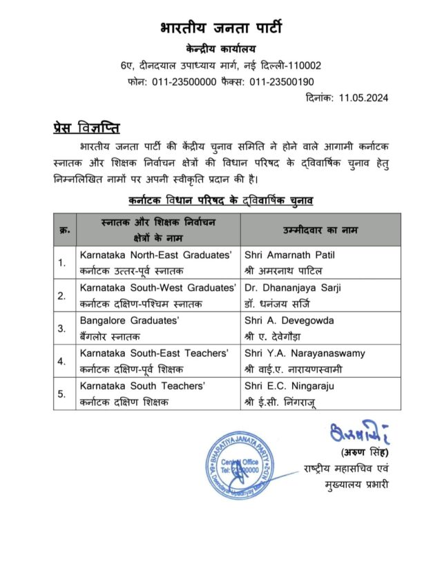 BJP released candidates list for graduate and teacher constituencies of Legislative Council