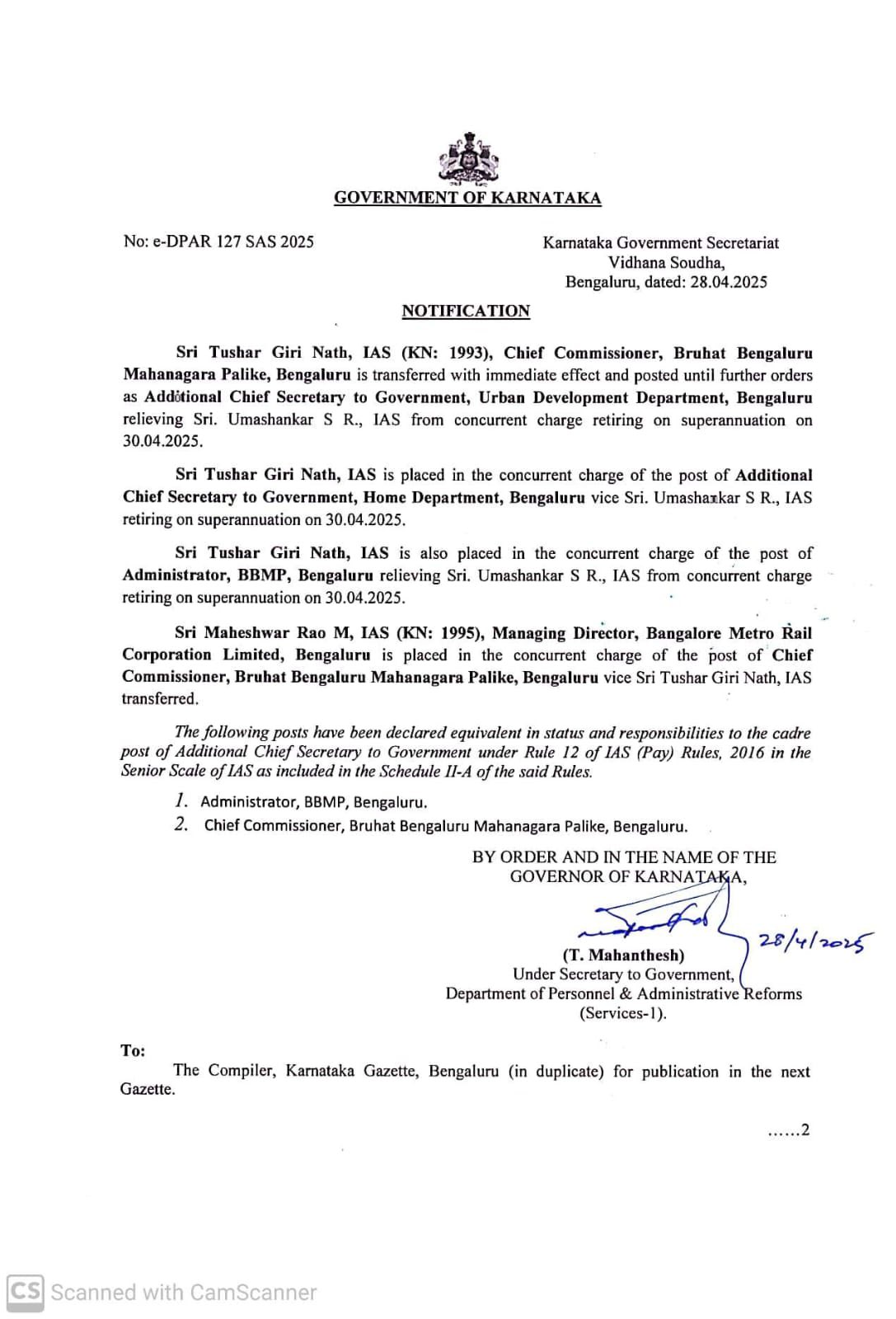 BBMP | ಐಎಎಸ್ ಅಧಿಕಾರಿ ತುಷಾರ್ ಗಿರಿ ನಾಥ್ ಅವರನ್ನು ನಗರಾಭಿವೃದ್ಧಿ ಇಲಾಖೆಯ ಎಸಿಎಸ್ ಆಗಿ, ಮಹೇಶ್ವರ್ ರಾವ್ ಅವರನ್ನು ಬಿಬಿಎಂಪಿ ಮುಖ್ಯ ಆಯುಕ್ತರನ್ನಾಗಿ ವರ್ಗಾವಣೆ 1 20250428 225025