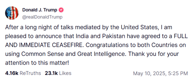 Trump announces immediate ceasefire between India and Pakistan!