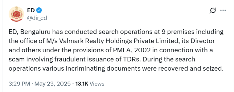 Bengaluru: ED Raids Valmark Realty Holdings Company in TDR Scam