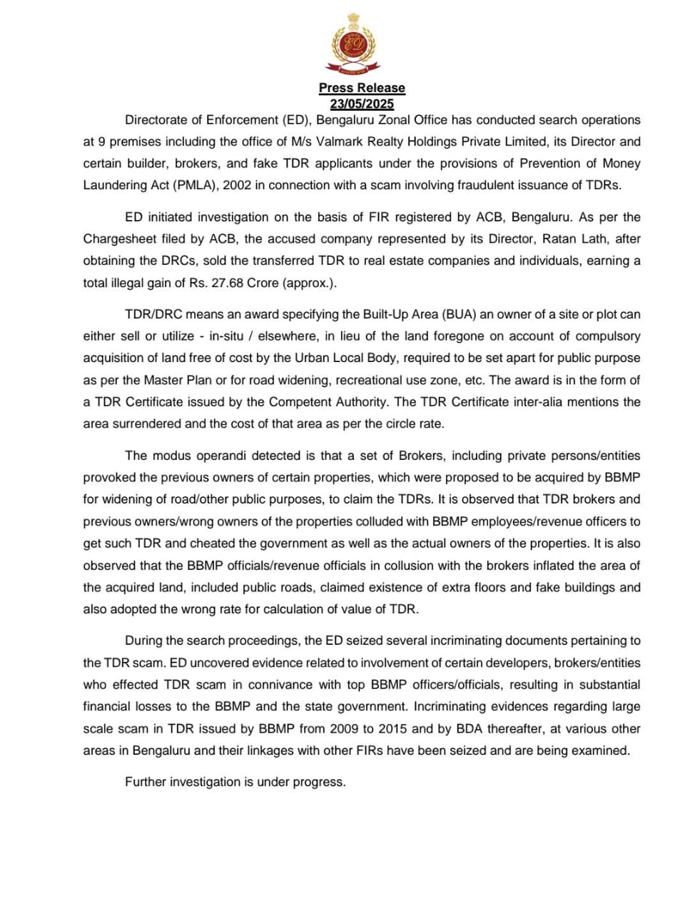 Bengaluru: ED Raids Valmark Realty Holdings Company in TDR Scam