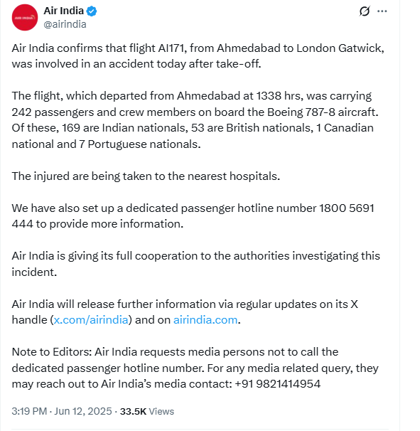 Breaking News: ಲಂಡನ್ಗೆ ಹೊರಟಿದ್ದ ಏರ್ ಇಂಡಿಯಾ ವಿಮಾನ AI171 ಅಹಮದಾಬಾದ್ ವಿಮಾನ ನಿಲ್ದಾಣದ ಬಳಿ ಪತನ 2 Breaking News: Air India flight AI171 bound for London crashed near Ahmedabad airport