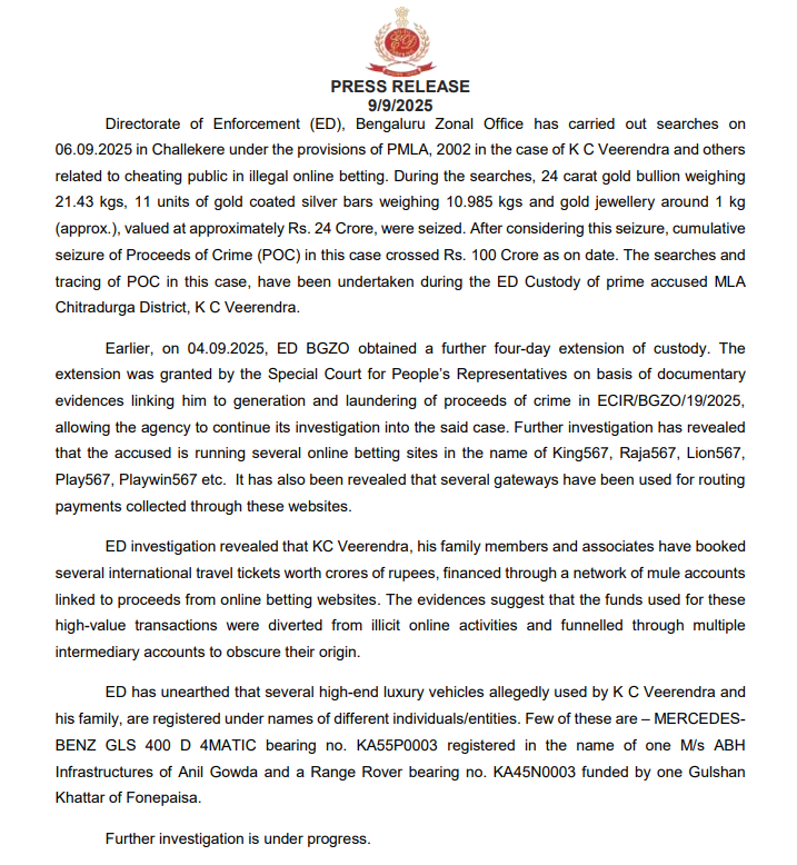 KC Veerendra online betting case: ED raids – gold worth ₹24 crore seized, total seizure crosses ₹100 crore