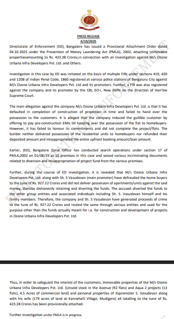 ED takes major action against Ozone Urbana Infra Project: ಓಝೋನ್ ಅರ್ಬನಾ ಇನ್ಫ್ರಾ ಪ್ರಾಜೆಕ್ಟ್ ವಿರುದ್ಧ ಇಡಿ ಬೃಹತ್ ಕ್ರಮ – ₹423.38 ಕೋಟಿ ಮೌಲ್ಯದ ಆಸ್ತಿ ಜಪ್ತಿ 2 Ozone Urbana