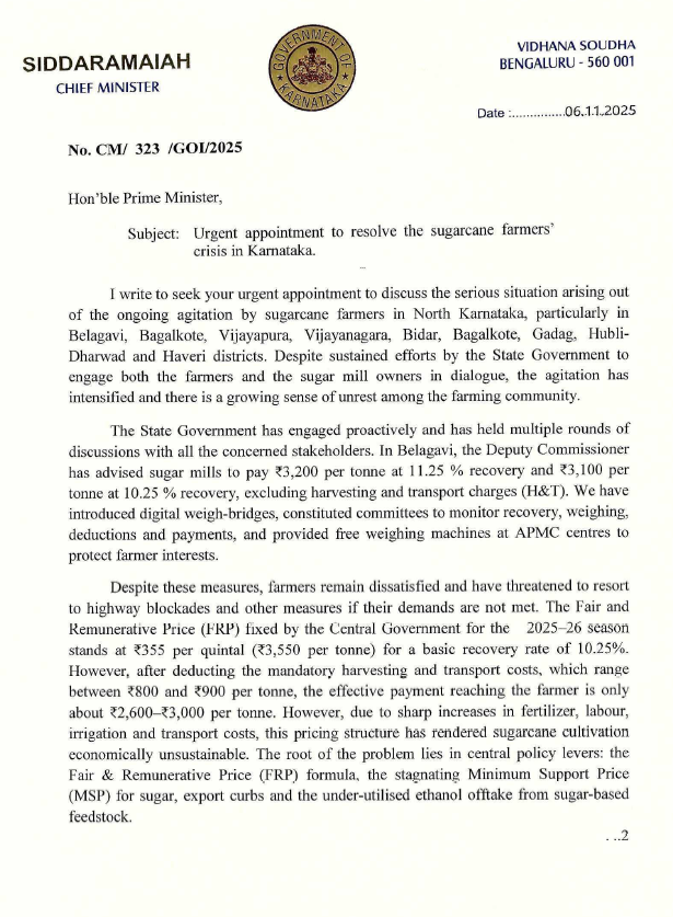 Siddaramaiah Seeks PM Modi’s Urgent Intervention to End Sugarcane Farmers’ Agitation in Karnataka