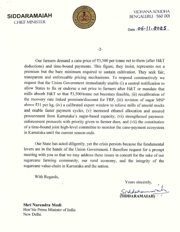 Siddaramaiah Seeks PM Modi’s Urgent Intervention to End Sugarcane Farmers’ Agitation in Karnataka