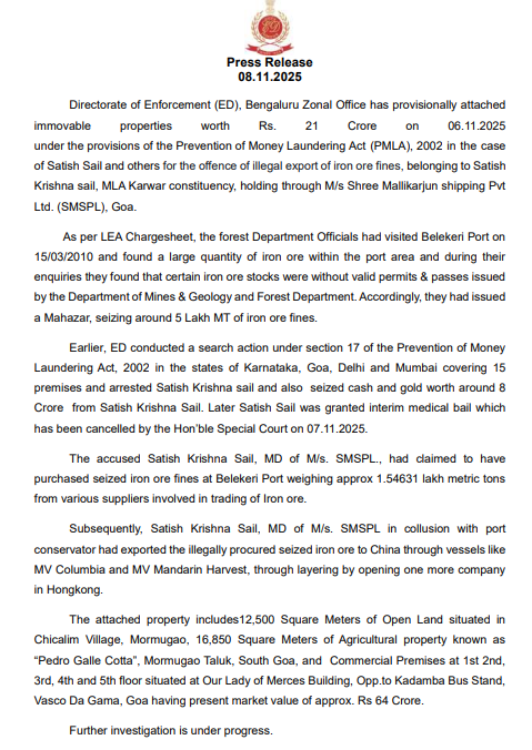 ED Attaches ₹21 Crore Properties Linked to Karwar MLA Satish Krishna Sail in Goa-Based Illegal Iron Ore Export Case