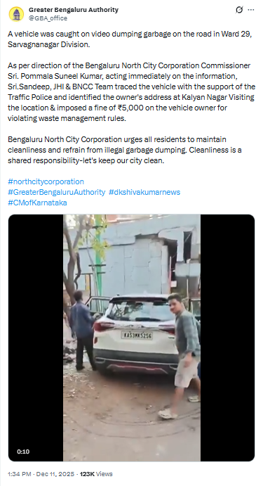 Garbage dumping caught on camera: Vehicle owner fined ₹5,000 for illegal garbage dumping in Saravajnanagar