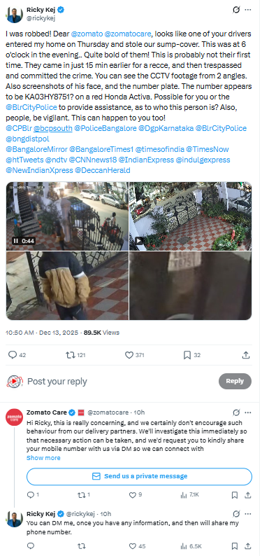 ಗ್ರ್ಯಾಮಿ ವಿಜೇತ ರಿಕ್ಕಿ ಕೇಜ್ ಮನೆಯೊಳಗೆ ನುಗ್ಗಿ ಕಳ್ಳತನ? ಬೆಂಗಳೂರಿನಲ್ಲಿ ಡೆಲಿವರಿ ಬಾಯ್ ವಿರುದ್ಧ ಗಂಭೀರ ಆರೋಪ – CCTV ಸಾಕ್ಷ್ಯ, ಜೋಮಾಟೋ ತನಿಖೆ ಆರಂಭ 2 Grammy winner Ricky Kej's house broken into and robbed? Serious allegations against delivery boy in Bengaluru – CCTV evidence, Zomato investigation begins