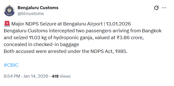 Hydroponic cannabis worth ₹3.86 crore seized at Bengaluru airport; smuggling from Bangkok – two arrested