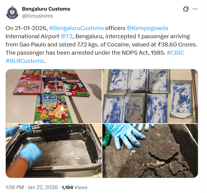 Cocaine from Brazil found at Bengaluru airport: Drugs worth ₹38.6 crore seized