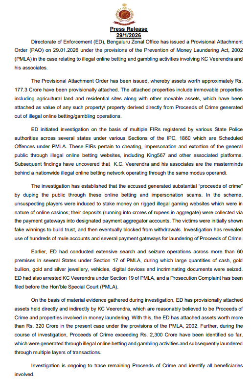 K.C. Veerendra-led illegal online betting case: ED provisionally attaches assets worth ₹177.3 crore