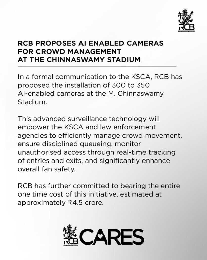 RCB steps up fan safety at Chinnaswamy Stadium: 350 AI cameras proposed
