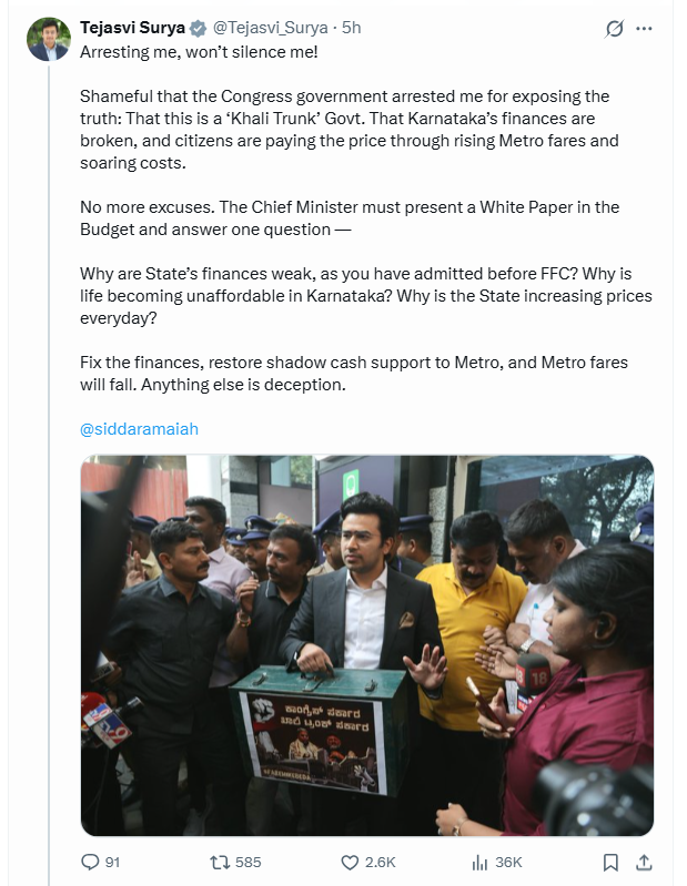 'Empty trunk, empty treasury': Tejaswi Surya protests against metro fare hike, temporarily arrested