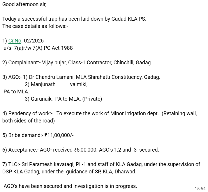 ಲೋಕಾಯುಕ್ತ ಬಲೆಗೆ ಶಿರಹಟ್ಟಿ ಬಿಜೆಪಿ ಶಾಸಕ ಡಾ. ಚಂದ್ರು ಲಮಾಣಿ: ₹5 ಲಕ್ಷ ಲಂಚ ಸ್ವೀಕರಿಸುವಾಗ ಅರೆಸ್ಟ್ 2 JP MLA Dr. Chandru Lamani falls into Lokayukta trap: Arrested while accepting a bribe of ₹5 lakh