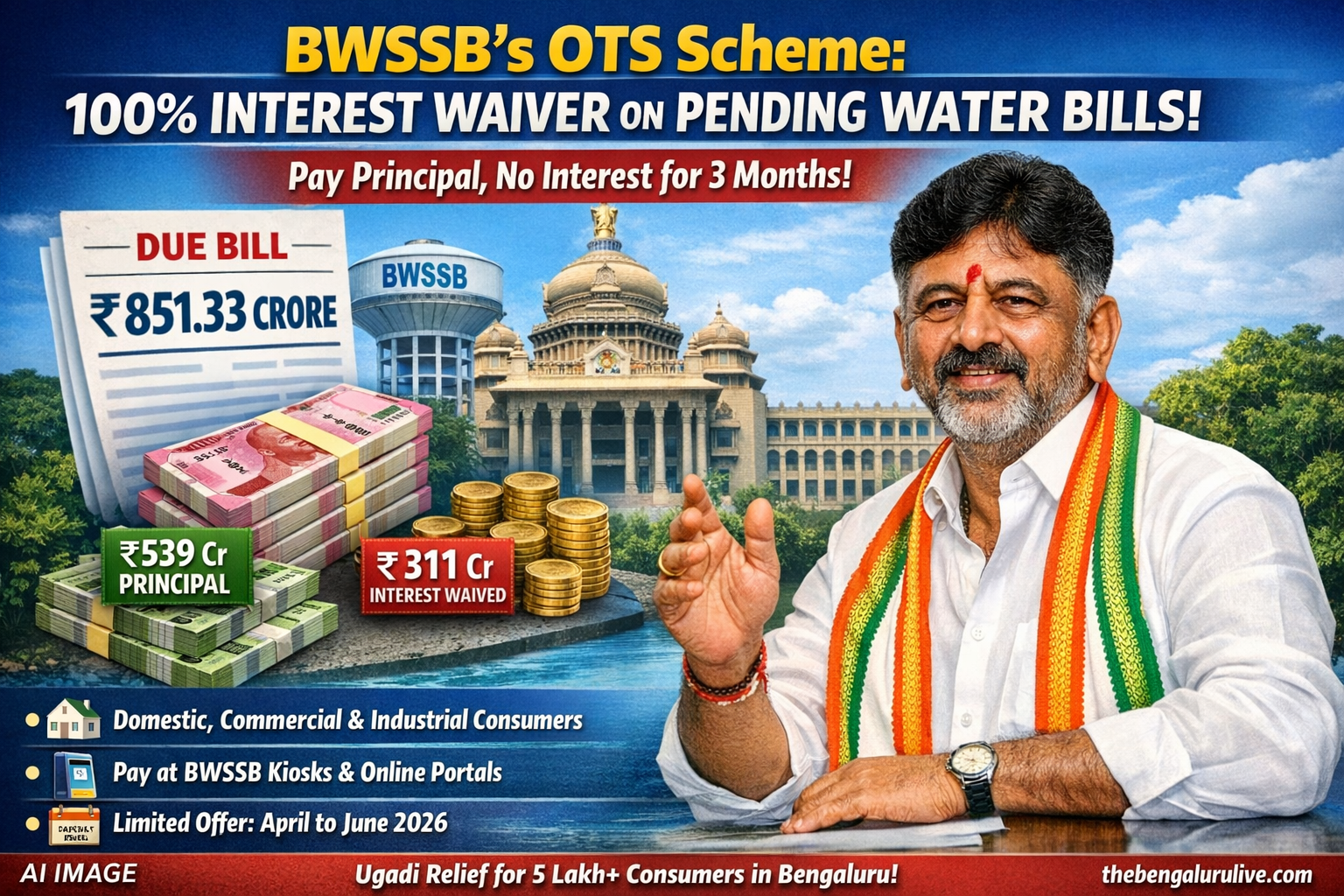 Ugadi gift from Water Board - Interest Waiver Scheme for Water Bill Arrears (𝗢𝗧𝗦) implemented: DCM D.K. Shivakumar