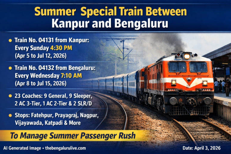 ಬೇಸಿಗೆ ಪ್ರಯಾಣಿಕರ ದಟ್ಟಣೆ ಕಡಿಸಲು ಕಾನ್ಪುರ್–ಬೆಂಗಳೂರು ನಡುವೆ ವಿಶೇಷ ರೈಲು