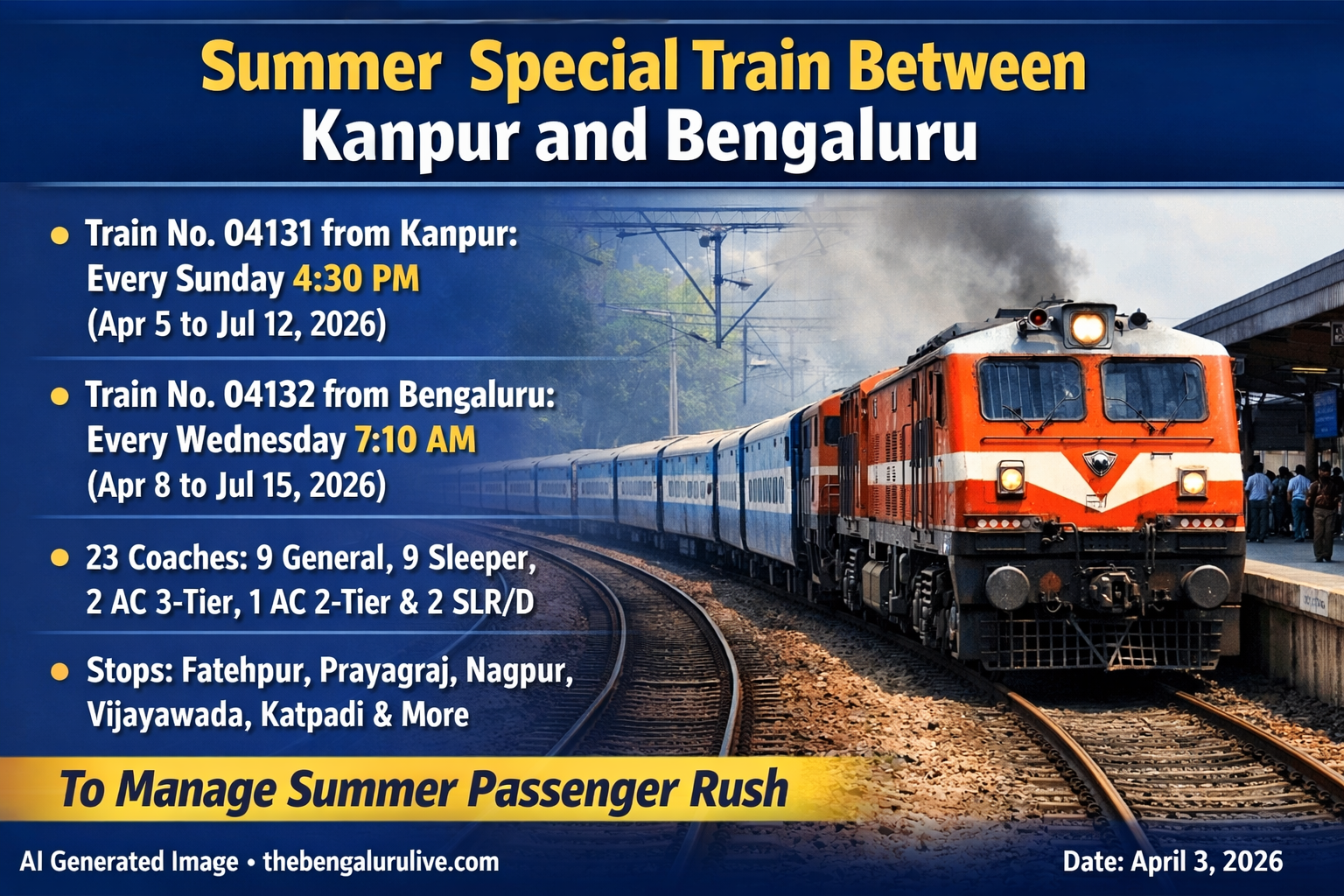 ಬೇಸಿಗೆ ಪ್ರಯಾಣಿಕರ ದಟ್ಟಣೆ ಕಡಿಸಲು ಕಾನ್ಪುರ್–ಬೆಂಗಳೂರು ನಡುವೆ ವಿಶೇಷ ರೈಲು