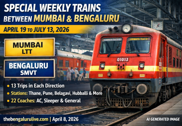 ಬೆಸಿಗೆ ಪ್ರಯಾಣಿಕರ ದಟ್ಟಣೆ ನಿವಾರಣೆ: ಮುಂಬೈ–ಬೆಂಗಳೂರು ನಡುವೆ ವಾರದ ವಿಶೇಷ ರೈಲುಗಳ ಘೋಷಣೆ