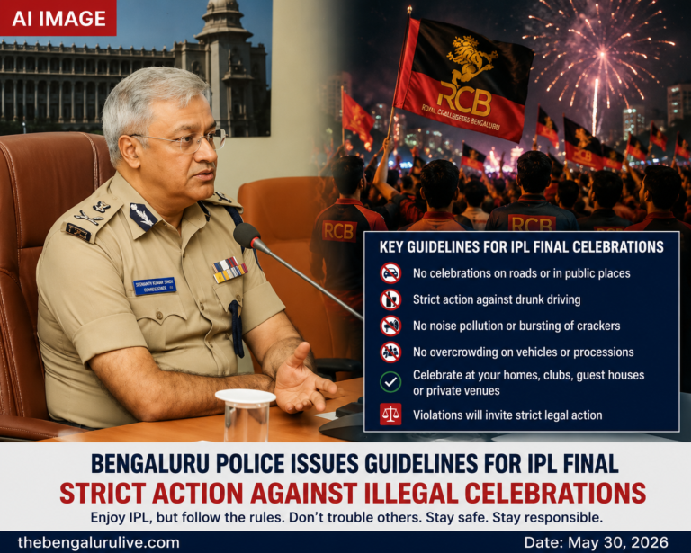 ಐಪಿಎಲ್ ಫೈನಲ್ ವೇಳೆ ರಸ್ತೆಗಳಲ್ಲಿ ಆರ್‌ಸಿಬಿ ಸಂಭ್ರಮಾಚರಣೆಗೆ ಅವಕಾಶವಿಲ್ಲ; ನಿಯಮ ಉಲ್ಲಂಘಿಸಿದರೆ ಕಠಿಣ ಕ್ರಮ: ಬೆಂಗಳೂರು ಪೊಲೀಸ್ ಆಯುಕ್ತ