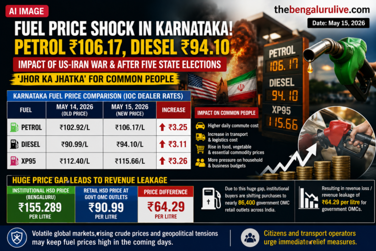 ಕರ್ನಾಟಕದಲ್ಲಿ ಪೆಟ್ರೋಲ್ ₹106.17, ಡೀಸೆಲ್ ₹94.10ಕ್ಕೆ ಏರಿಕೆ; ಅಮೆರಿಕಾ-ಇರಾನ್ ಯುದ್ಧ ಪರಿಣಾಮ, ₹64 ಪ್ರತಿ ಲೀಟರ್ ದರ ವ್ಯತ್ಯಾಸದಿಂದ ಭಾರೀ ಆದಾಯ ಸೋರಿಕೆ ಆತಂಕ