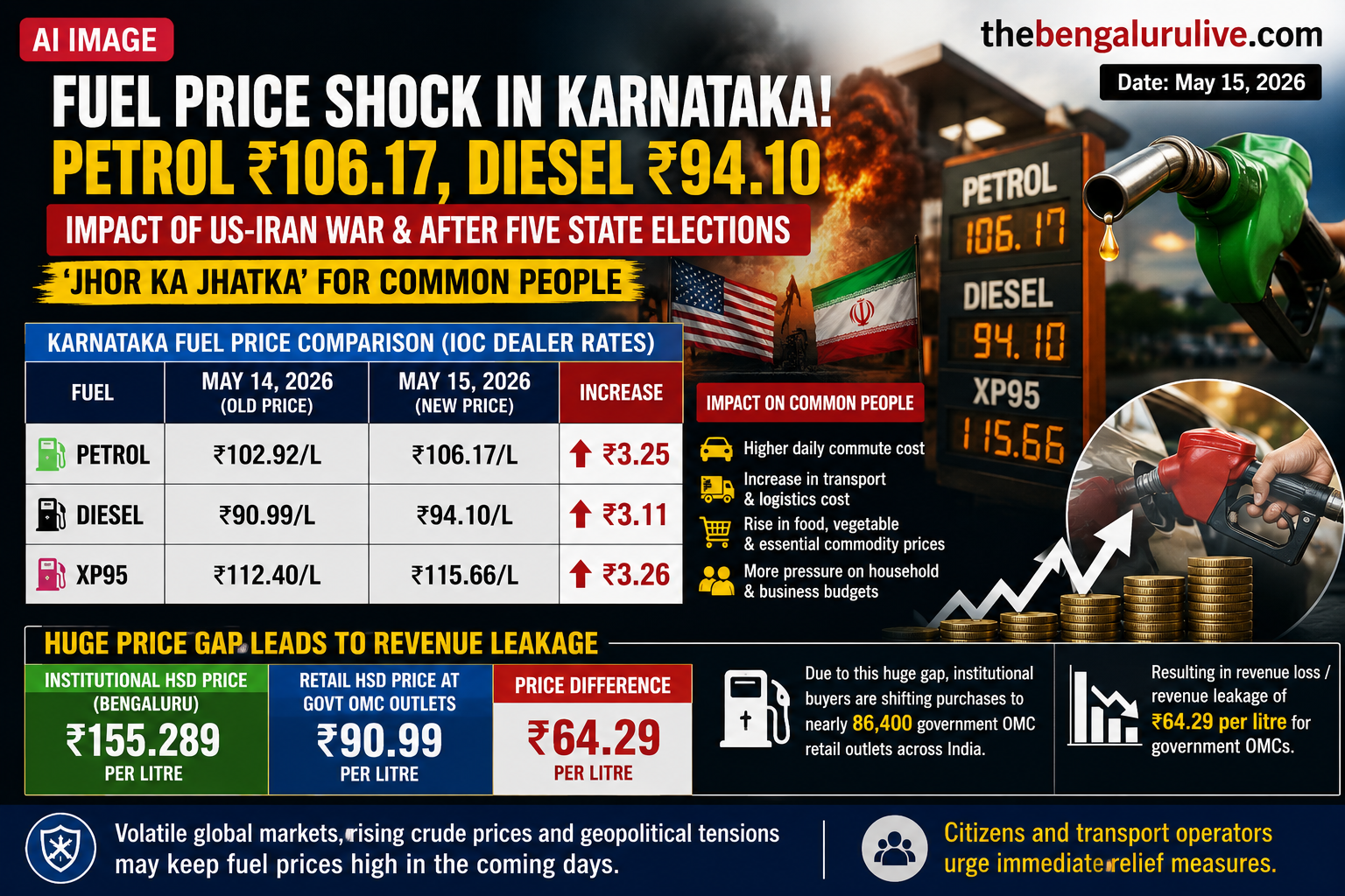 ಕರ್ನಾಟಕದಲ್ಲಿ ಪೆಟ್ರೋಲ್ ₹106.17, ಡೀಸೆಲ್ ₹94.10ಕ್ಕೆ ಏರಿಕೆ; ಅಮೆರಿಕಾ-ಇರಾನ್ ಯುದ್ಧ ಪರಿಣಾಮ, ₹64 ಪ್ರತಿ ಲೀಟರ್ ದರ ವ್ಯತ್ಯಾಸದಿಂದ ಭಾರೀ ಆದಾಯ ಸೋರಿಕೆ ಆತಂಕ