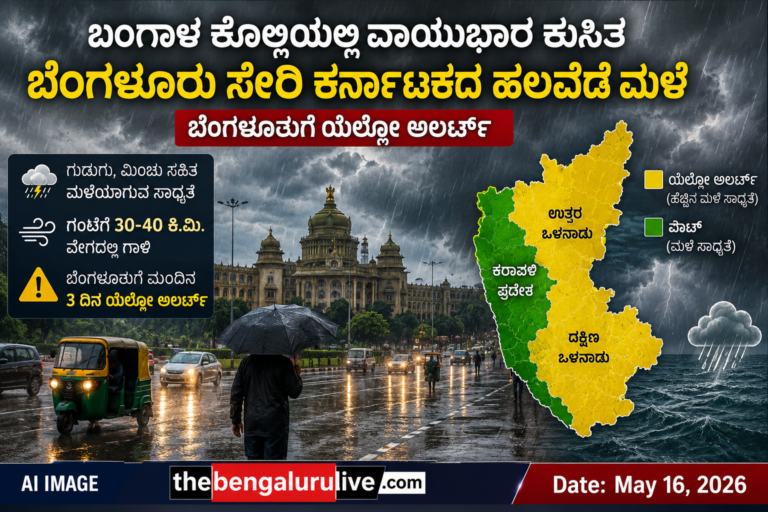 ಬಂಗಾಳ ಕೊಲ್ಲಿಯಲ್ಲಿ ವಾಯುಭಾರ ಕುಸಿತ; ಬೆಂಗಳೂರು ಸೇರಿ ಕರ್ನಾಟಕದ ಹಲವೆಡೆ ಮಳೆ, ಯೆಲ್ಲೋ ಅಲರ್ಟ್ ಘೋಷಣೆ