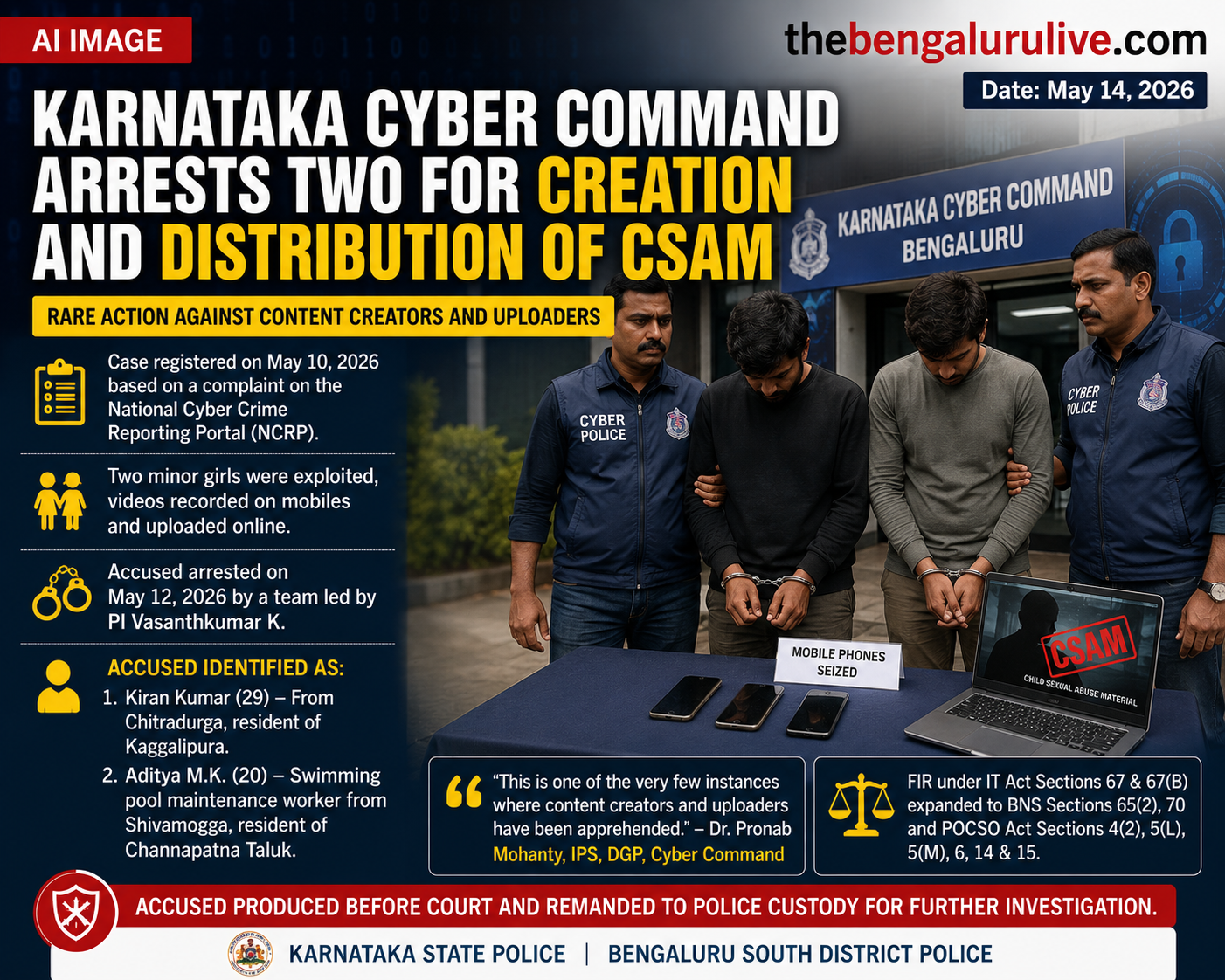 ಮಕ್ಕಳ ಮೇಲಿನ ಲೈಂಗಿಕ ದೌರ್ಜನ್ಯ ವಿಡಿಯೋ ಸೃಷ್ಟಿಸಿ ಆನ್‌ಲೈನ್‌ನಲ್ಲಿ ಅಪ್‌ಲೋಡ್ ಆರೋಪ; ಕರ್ನಾಟಕ ಸೈಬರ್ ಕಮಾಂಡ್ ಇಬ್ಬರ ಬಂಧನ