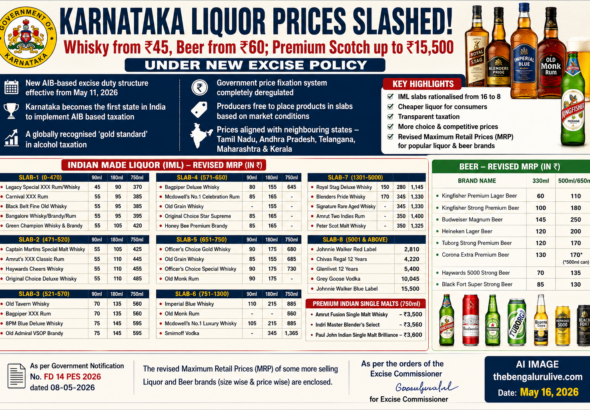 ಕರ್ನಾಟಕದಲ್ಲಿ ಮದ್ಯ ದರ ಭಾರೀ ಬದಲಾವಣೆ: ₹45ಕ್ಕೆ ವಿಸ್ಕಿ, ₹60ಕ್ಕೆ ಬಿಯರ್; ಪ್ರೀಮಿಯಂ ಸ್ಕಾಚ್ ₹15,500 ತನಕ ಹೊಸ ದರ ಪ್ರಕಟ