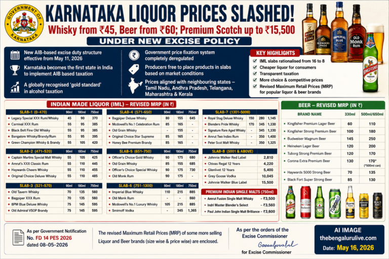 ಕರ್ನಾಟಕದಲ್ಲಿ ಮದ್ಯ ದರ ಭಾರೀ ಬದಲಾವಣೆ: ₹45ಕ್ಕೆ ವಿಸ್ಕಿ, ₹60ಕ್ಕೆ ಬಿಯರ್; ಪ್ರೀಮಿಯಂ ಸ್ಕಾಚ್ ₹15,500 ತನಕ ಹೊಸ ದರ ಪ್ರಕಟ