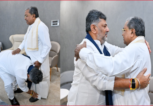 ಉಪಹಾರ ಕೂಟದಲ್ಲಿ ಸಿದ್ದರಾಮಯ್ಯ ಕಾಲಿಗೆ ಬಿದ್ದು ಆಶೀರ್ವಾದ ಪಡೆದ ಡಿಕೆ ಶಿವಕುಮಾರ್; ಕಾಂಗ್ರೆಸ್‌ನಲ್ಲಿ ಸುಗಮ ಅಧಿಕಾರ ವರ್ಗಾವಣೆ ಸಂದೇಶ?