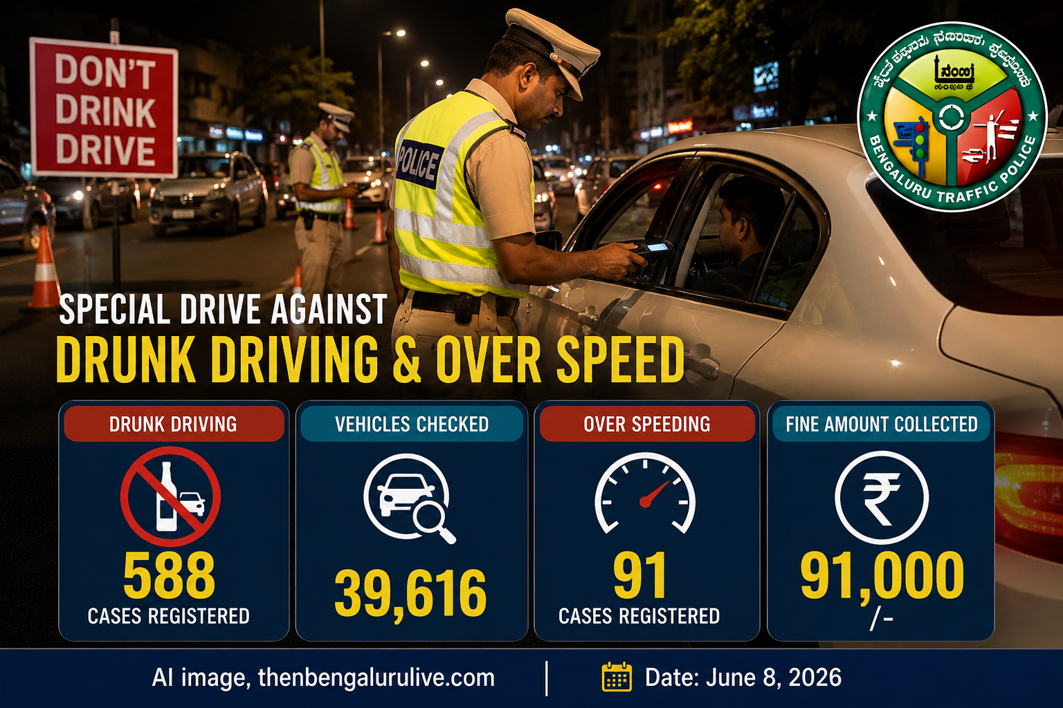 ಬೆಂಗಳೂರಿನಲ್ಲಿ ವಾರಾಂತ್ಯದ ವಿಶೇಷ ಕಾರ್ಯಾಚರಣೆ; 588 ಡ್ರಂಕ್ ಅಂಡ್ ಡ್ರೈವ್, 91 ಅತಿ ವೇಗದ ಪ್ರಕರಣಗಳು ದಾಖಲು