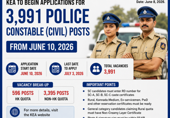 3,991 ಪೊಲೀಸ್ ಕಾನ್ಸ್‌ಟೇಬಲ್ ಹುದ್ದೆಗಳ ಭರ್ತಿಗೆ ಜೂನ್ 10ರಿಂದ ಅರ್ಜಿ ಸ್ವೀಕಾರ; ದಾಖಲೆಗಳನ್ನು ಸಿದ್ಧವಾಗಿಟ್ಟುಕೊಳ್ಳುವಂತೆ ಕೆಇಎ ಸಲಹೆ