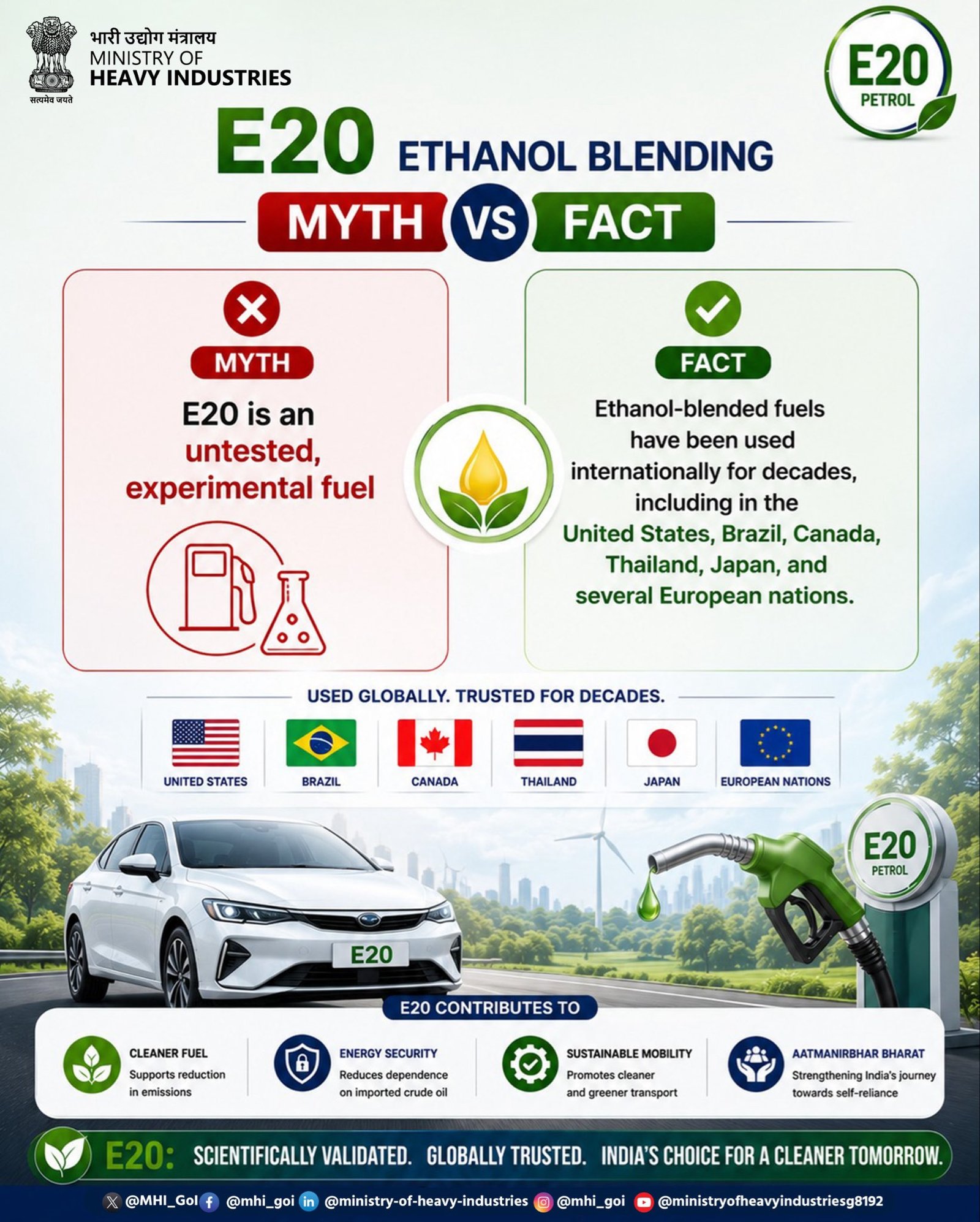 E20 ಎಥನಾಲ್ ಮಿಶ್ರಿತ ಪೆಟ್ರೋಲ್ ಸುರಕ್ಷಿತ, ವೈಜ್ಞಾನಿಕವಾಗಿ ದೃಢೀಕೃತ; ಅಪಪ್ರಚಾರಗಳಿಗೆ ಕೇಂದ್ರ ಸರ್ಕಾರದ ತಿರುಗೇಟು