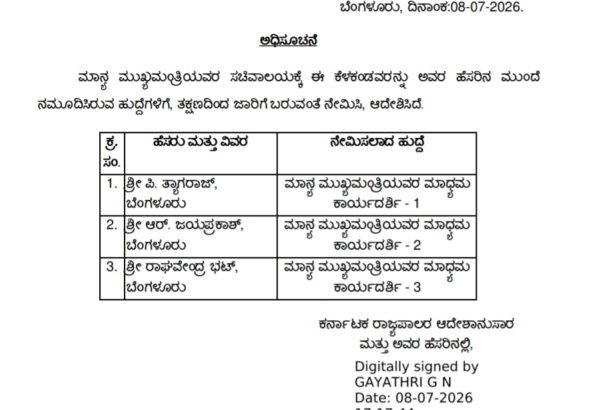 ಮುಖ್ಯಮಂತ್ರಿ ಡಿ.ಕೆ. ಶಿವಕುಮಾರ್ ಸಚಿವಾಲಯಕ್ಕೆ ಮೂವರು ಮಾಧ್ಯಮ ಕಾರ್ಯದರ್ಶಿಗಳ ನೇಮಕ; ರಾಜ್ಯ ಸರ್ಕಾರ ಆದೇಶ