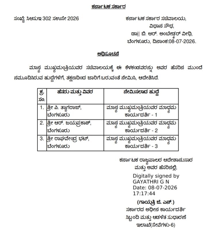 ಮುಖ್ಯಮಂತ್ರಿ ಡಿ.ಕೆ. ಶಿವಕುಮಾರ್ ಸಚಿವಾಲಯಕ್ಕೆ ಮೂವರು ಮಾಧ್ಯಮ ಕಾರ್ಯದರ್ಶಿಗಳ ನೇಮಕ; ರಾಜ್ಯ ಸರ್ಕಾರ ಆದೇಶ