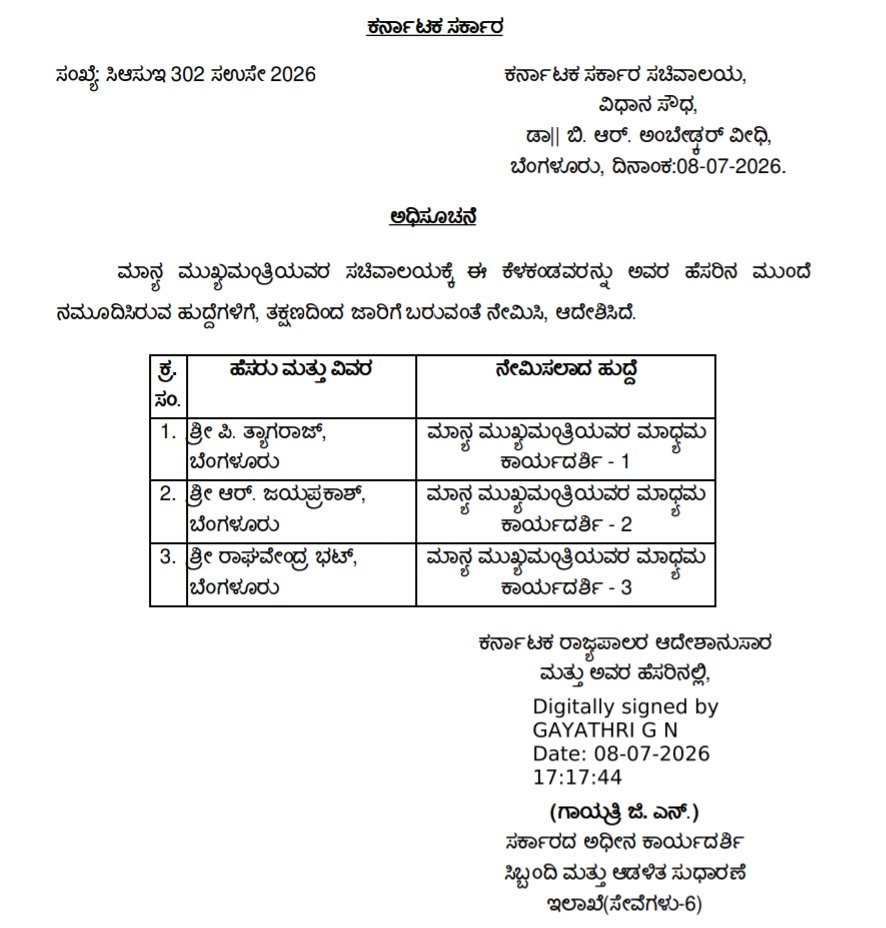ಮುಖ್ಯಮಂತ್ರಿ ಡಿ.ಕೆ. ಶಿವಕುಮಾರ್ ಸಚಿವಾಲಯಕ್ಕೆ ಮೂವರು ಮಾಧ್ಯಮ ಕಾರ್ಯದರ್ಶಿಗಳ ನೇಮಕ; ರಾಜ್ಯ ಸರ್ಕಾರ ಆದೇಶ