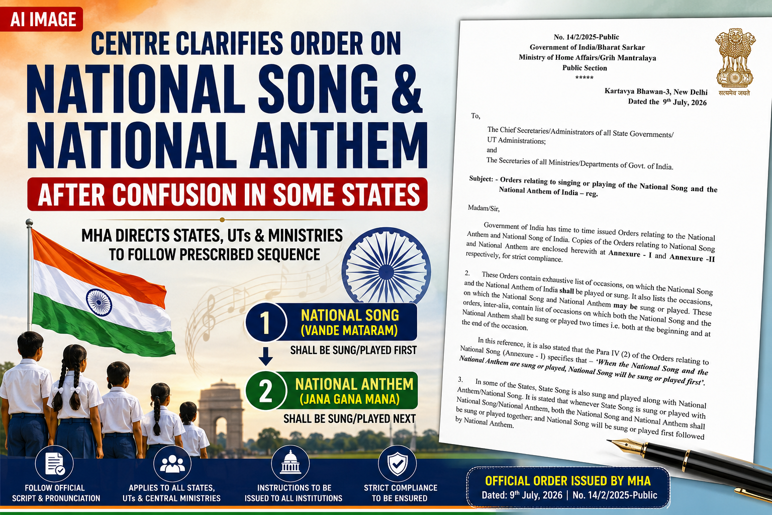ಕೆಲವು ರಾಜ್ಯಗಳಲ್ಲಿ ಗೊಂದಲದ ಬಳಿಕ ರಾಷ್ಟ್ರೀಯ ಗೀತೆ–ರಾಷ್ಟ್ರಗೀತೆ ಗಾಯನ ಕ್ರಮ ಸ್ಪಷ್ಟಪಡಿಸಿದ ಕೇಂದ್ರ ಸರ್ಕಾರ