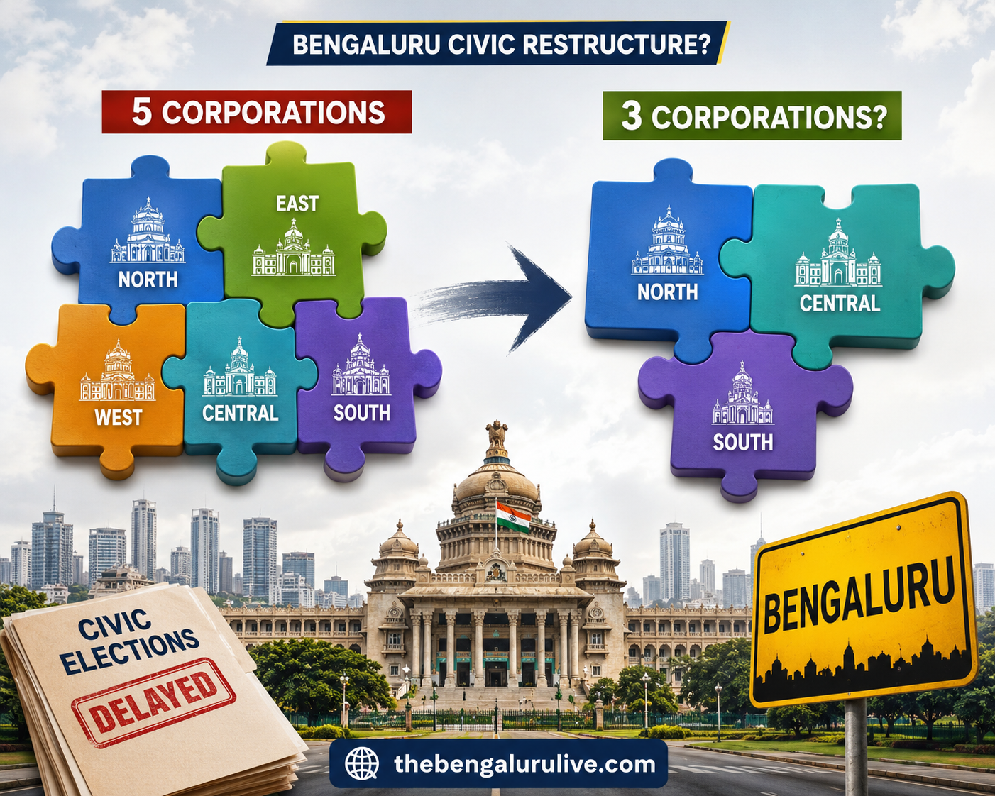 ವಿಶೇಷ: ಬೆಂಗಳೂರು ಐದು ನಗರ ಪಾಲಿಕೆಗಳನ್ನು ಮೂರಕ್ಕೆ ಇಳಿಸುವ ಬಗ್ಗೆ ಕರ್ನಾಟಕ ಸರ್ಕಾರ ಚಿಂತನೆ; ಚುನಾವಣೆಗೂ ಮುನ್ನ ಹೊಸ ಮರುಸಂರಚನೆಗೆ ಚರ್ಚೆ