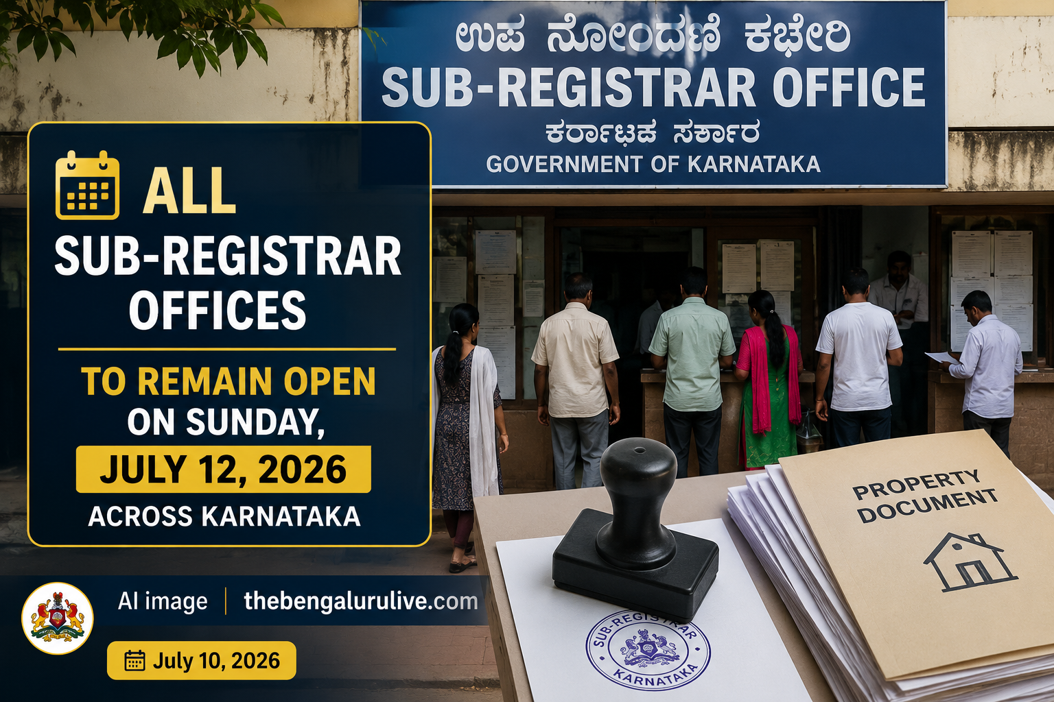 ಜುಲೈ 12ರಂದು ಭಾನುವಾರವೂ ರಾಜ್ಯದ ಎಲ್ಲಾ ಉಪ ನೋಂದಣಿ ಕಚೇರಿಗಳು ಕಾರ್ಯನಿರ್ವಹಣೆ; ಸಾರ್ವಜನಿಕರಿಗೆ ನೋಂದಣಿ ಸೇವೆಗಳು ಲಭ್ಯ