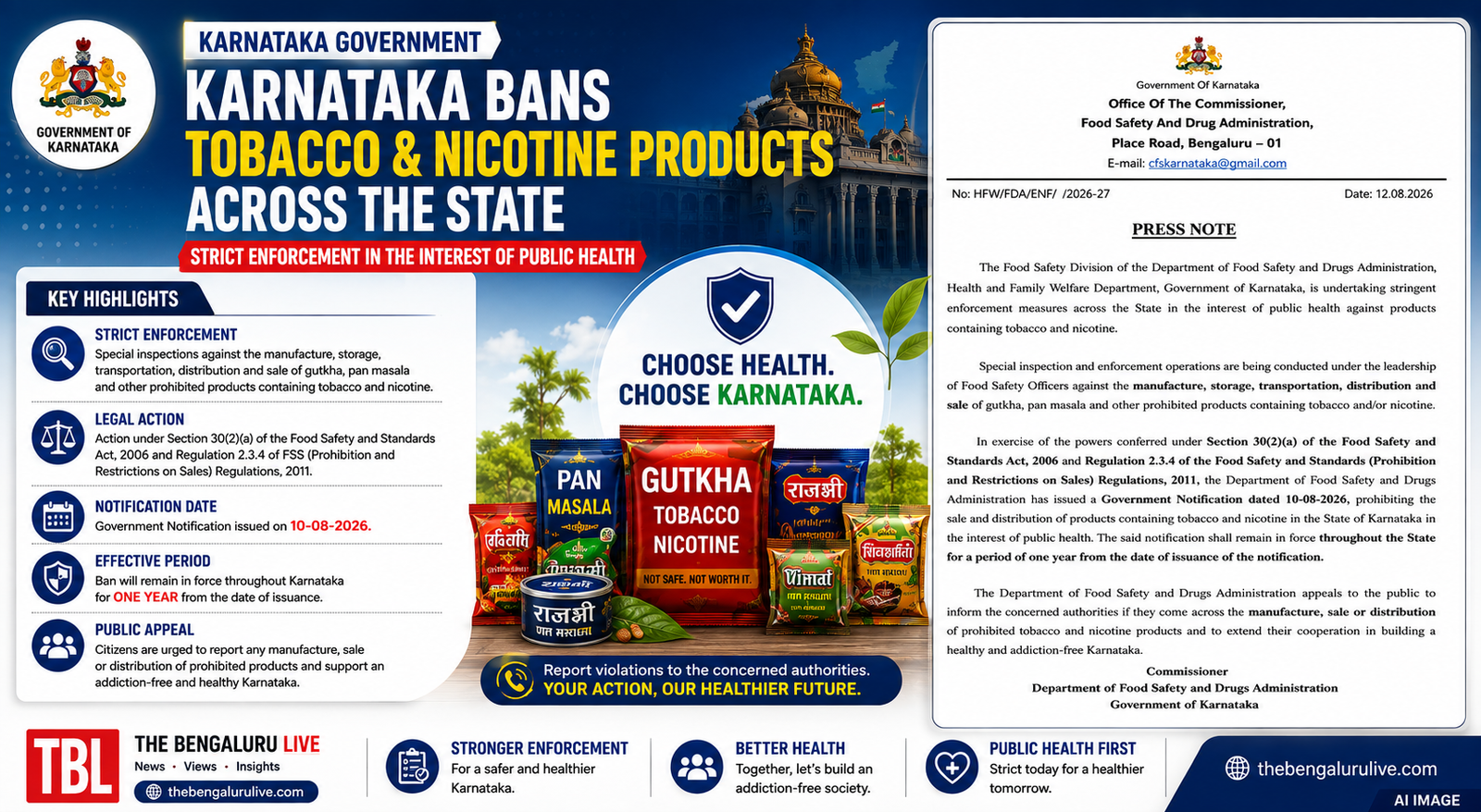 ಕರ್ನಾಟಕದಲ್ಲಿ ತಂಬಾಕು ಅಥವಾ ನಿಕೋಟಿನ್ ಹೊಂದಿರುವ ಗುಟ್ಕಾ, ಪಾನ್ ಮಸಾಲಾ ಮಾರಾಟ-ವಿತರಣೆಗೆ ಒಂದು ವರ್ಷದ ನಿಷೇಧ